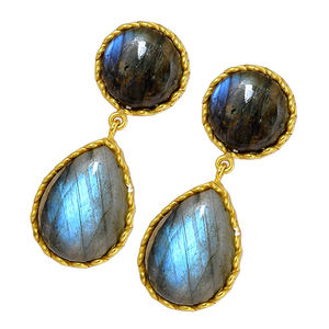 Labradorite Gemstone Round Pear Cabochon Stud Dangle Boucles d'oreilles en argent sterling 925 plaqué or Boucle d'oreille à la mode. - Product Image 1