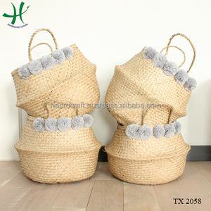 Vente chaude écologique pliable jonc de mer ventre panier bambou tissu plante Pot poignées pour cuisine maison stockage Organisation - Product Image 1