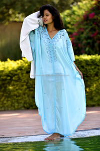 Designer Women's Long Beach Kaftans Floral Pattern Cover Ups 100% Cotton <b>Three</b>-Quarter Sleeves Natural Sustainable Washable - Product Image 3