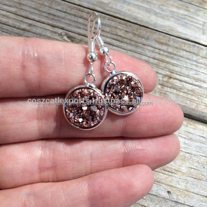 Gold Plated 12mm Agate Stones Champagne Druzy Dangle <b>Fishhook</b> Cabochon Earrings for Wedding Party Exclusive Wedding Party Gifts - Product Image 1