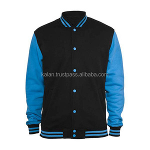 Chaqueta Varsity Negra y Azul para Hombre con Diseño de Bloques de Color, Cuello Alto, Corte Regular, Material de Lana Melton - Product Image 1