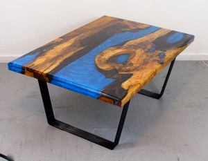 Table basse en résine époxy bleue antique, bois massif indien, meubles de salon pour la maison - Product Image 4