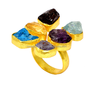 Multi Rough Gemstone 925 Anillo de plata al por mayor Joyería hecha a mano Chapado en oro Forma de flor Anillo de moda Fabricación al por mayor - Product Image 3