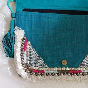 Vibrant <b>Blue</b> Silk Clutch <b>Purse</b> with Coin and Fringe Detail Elegant Leopard Pattern Beaded and Sparkling Detail PU Lining - Product Image 2