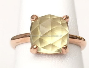 มะนาวควอตซ์เหลี่ยมเพชรพลอยเบาะเงินสเตอร์ลิงกุหลาบแหวนพลอยชุบทอง-โรส-คัท - Product Image 1