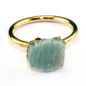 Wholesale trendy natural raw amazonite gemstone ring gold electroplated women handmade rings jewelry