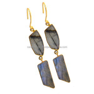 Fancy Cab Labradorite Gemstone 925 Sterling silver With Gold Plated Earring <b>Ethnic</b> Bezel Setting Fashionable Earring For Women. - Product Image 2