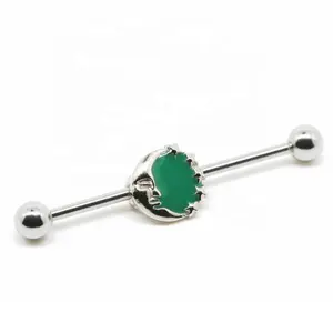 14G Green Enamel Zircon Silver Bar Ear Industrial Piercing Jewelry Industrial Barbell Earrings