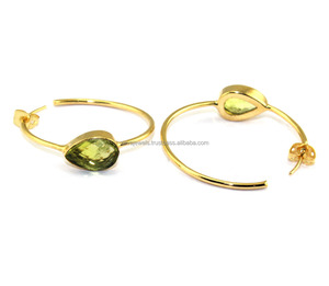 Pretty Peridot <b>Quartz</b> Hoop <b>Earring</b> Push Back SemiCircle 24k Gold Plating Light Weight Women <b>Earring</b> Handmade Pear Shape Hoop - Product Image 1