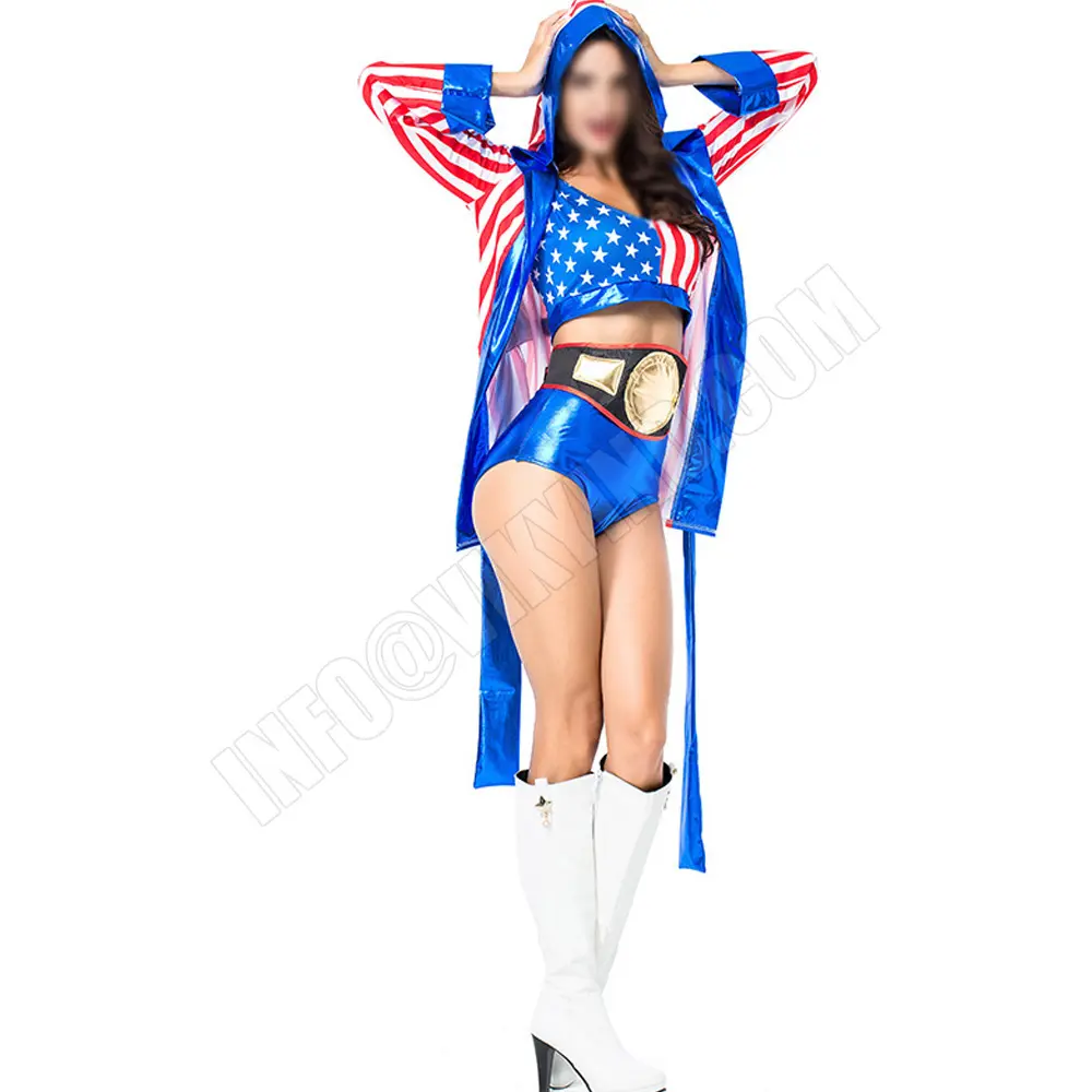 Vrouwelijke Boksen Wereldkampioenen Kostuum Vrouwen Girl Amerikaanse Vlag Boksen Kostuum Outfit Hooded Cloak Robe Riem Shorts Top