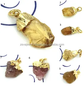 Natural rough charms citrine & cherry quartz pendant brass gold plated gemstone single bail charm pendants jewelry manufacturer