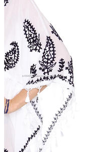 Dresses — maillot de bain luxueux jaune avec broderie Paisley, haut de maillot avec ourlet à franges, cordon de serrage, vêtement de plage, Caftan, Poncho, manches courtes chauve-souris - Product Image 5