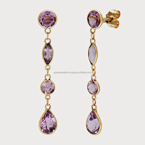 Boucles d'oreilles en Quartz améthyste pour femmes, bijoux faits à la main, pierres précieuses, argent Sterling 925, or - Product Image 1