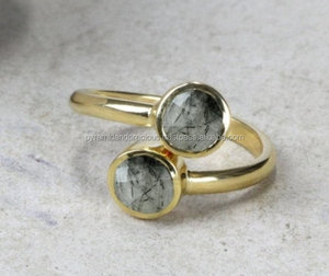 <b>Two</b> <b>Stone</b> Bezel Setting Gold-Plated Sterling Silver <b>Ring</b> Black Rutile Gemstone for Wedding Engagement Party Anniversary Gift - Product Image 1