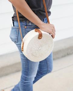 2025 Bali Round Shape Beach <b>Bag</b> with Custom Logo <b>Crossbody</b> Design Featuring White Leather Handles and <b>Straw</b> Cotton Lining - Product Image 3