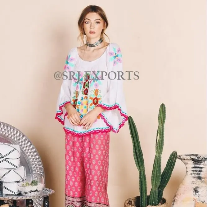 Premium Exclusive Boho Gypsy Look Gorgeous Hola Bright Cheerful Color Embroidery Stunning Bell Sleeves Off-Shoulder Blouse Top