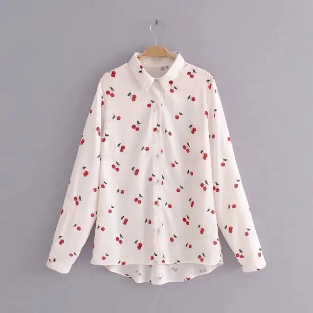 Women's wild style cherry print custom loose white long-sleeved shirt top