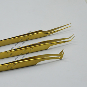 Pinzas japonesas de acero inoxidable de alta calidad, extensiones de pestañas, pinzas rusas de volumen de fibra recubierta dorada - Product Image 5