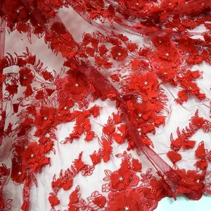 Top Quality French Bridal 3d Flower Red Tulle Lace Fabric With Pearls And Stones Embroidery Fabric For Evening Dress HY0868-1