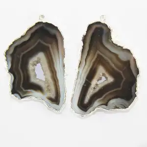 Attractive Design Natural Black Geode Slice Druzy Connector Silver Electroplated Edged DIY Earring Pair Making Supply Connectors