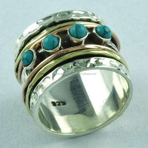 Proveedor indio, anillo giratorio de plata esterlina con piedra turquesa de triple tono para bodas, compromisos, fiestas, con ajuste invisible - Product Image 3