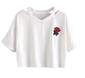 Shemax T-shirt décontracté en spandex pour femme grande taille à manches courtes col en V avec broderie décoration Textile doux - Product Image 5