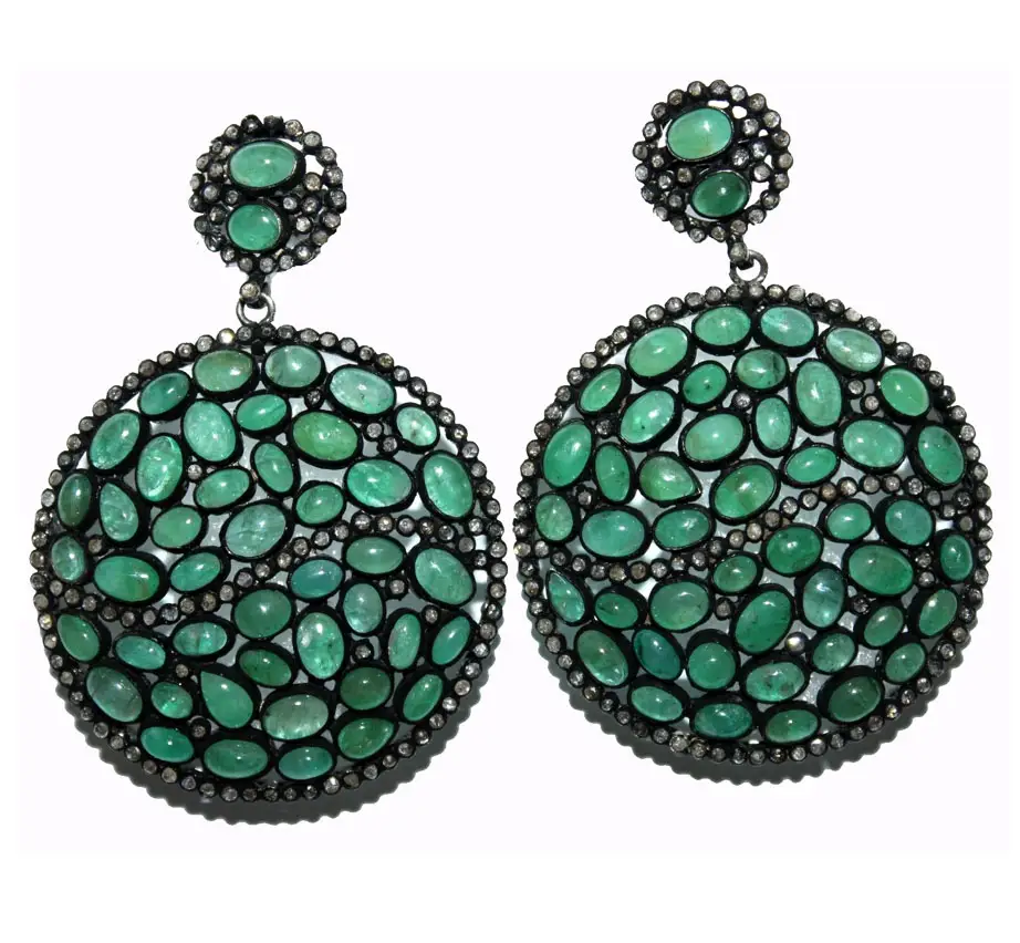 Antique Vintage Natural Emerald And Diamond Gemstone 925 Solid Sterling Silver Handmade Earrings Jewelry For Wholesale