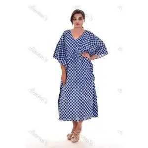 Indian cotton block print women wear top caftan long dress bikini maxi kaftan abaya poncho dresses