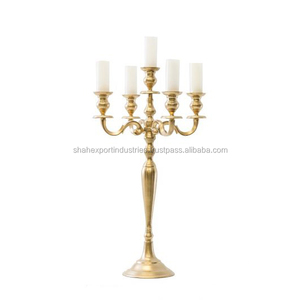 Fancy decorativo aluminio cinco brazos largo boda candelabro centro de mesa chapado en oro para el hogar y la decoración de Navidad - Product Image 4