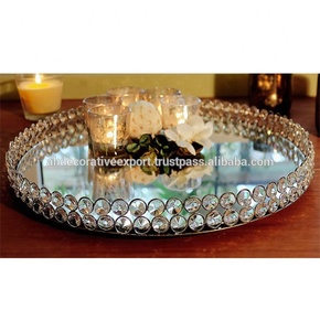 Plateau de service rond en nickel et fer décoratif A. H., fait à la main, diamètre 40 cm, avec finition brillante et bordure en cristal perlé - Product Image 2