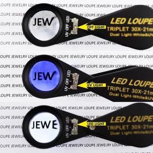 Hoge Kwaliteit 30x Vergroting Sieraden Edelsteen <span class=keywords><strong>Loupe</strong></span> <span class=keywords><strong>21Mm</strong></span> Optisch Glas Met Uv & 6 Led Licht Zwart Frame Design Metalen Behuizing