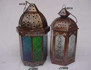 Lámparas de hierro con acabado de cobre antiguo para decoración del hogar, candelabro con soporte de linterna marroquí con vidrio en relieve - Product Image 2