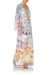 OEM Fabricant Meilleur Service Filaire Liens À Pompons Boutonnée à L'avant Embellissement Décolleté Numérique Imprimé Longue Robe Maxi - Product Image 3