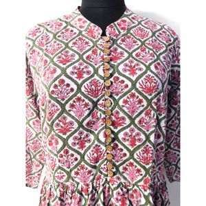 Robe longue style kurtis ethnique pour femmes, tunique décontractée, en coton, avec imprimés à la main, fente avant, avec boutons - Product Image 3