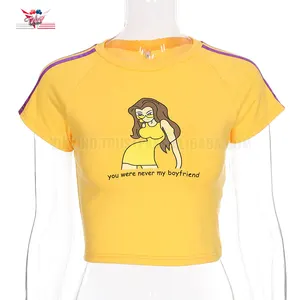 Atasan Musim Panas untuk Wanita T-shirt Crop Top Kartun Kuning Kasual Bergaris Sisi Katun Seksi Atasan Crop