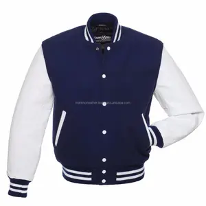 Sleeve In vera Pelle Letterman Collegio Varsity Giacca di Lana-Navy Blue/Bianco