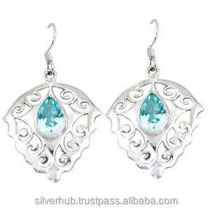 ต่างหูแบบห้อยทำมือทำด้วยเงินสเตอร์ลิง925ทึบสไตล์วินเทจหรูหราลูกแพร์พลอยบุษราคัมสีฟ้าผลิตได้ทั้งหมด - Product Image 1