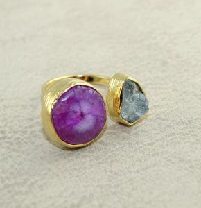 Grossiste indien rose quartz solaire et aigue-marine pierres précieuses bague en laiton 24K plaqué or bague réglable unisexe anneau de déclaration - Product Image 3