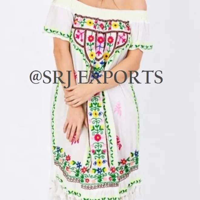 Peerless Mexican Classic Style Look Neon Embroider Tassel Lace Hem Off Shoulder Indian Designer High End Banjara Dress Tunic