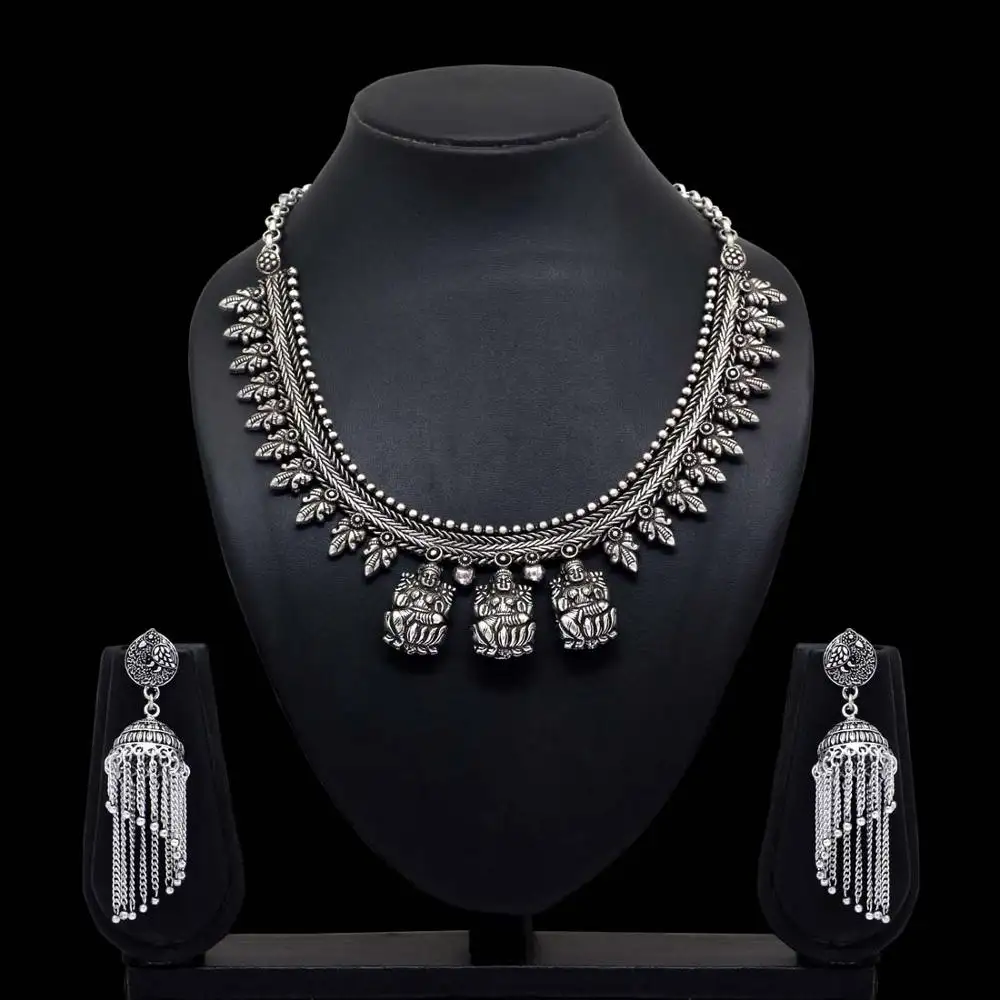 Nhà Sản Xuất Đồ Trang Sức Bạc Màu Oxidised Temple Necklace Với Bông Tai