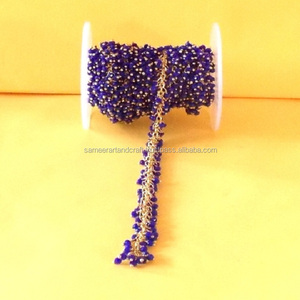 Gold Plated Blue Chalcedony Faceted Natural Multi Gemstone Wire Wrapped Rosary Cluster Coin Charm Chain - Product Image 1