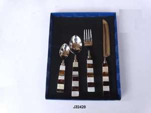 Juego de cubiertos de acero con mosaico de hueso antiguo y nácar, juego de cena de 3 piezas para niños, mango de acero inoxidable, Material metálico - Product Image 5