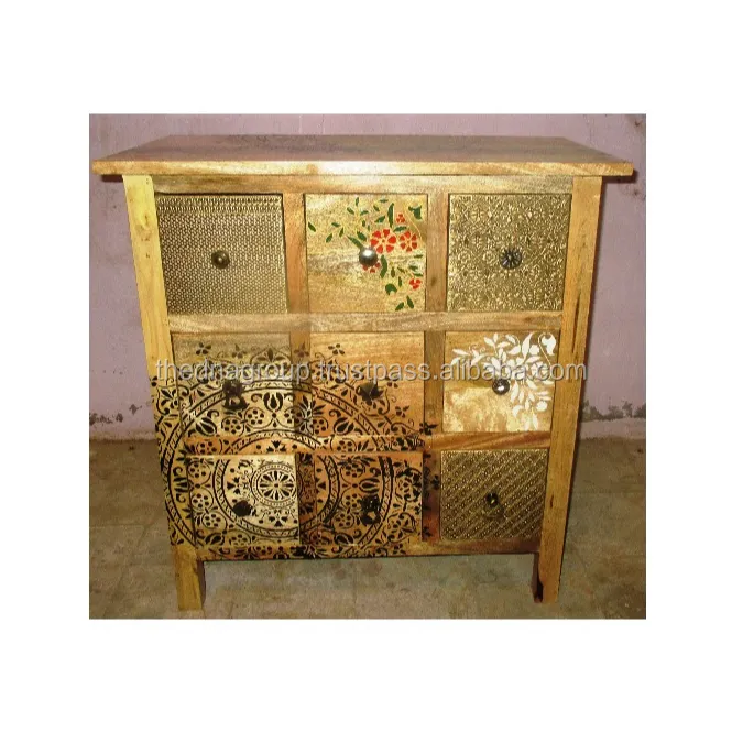 Natural Finish Hand Painted Nine Drawers Ceramic Knobs Fitted Wooden Cabinet