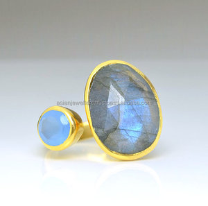 925 Sterling Silver Adjustable <b>Rings</b> <b>Labradorite</b> Blue Chalcedony Gems Gold Vermeil Bezel Setting for Wedding Party Anniversary - Product Image 1