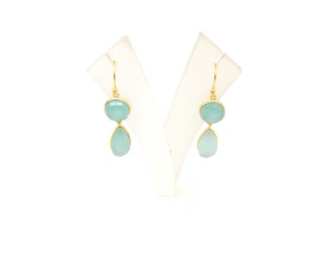 Aqua Chalcedony Doublet Natural Multi Gemstone Jewelry Round and Pear Shape <b>Gold</b> Plated Dangle & Drop <b>Hoop</b> Earring - Product Image 1