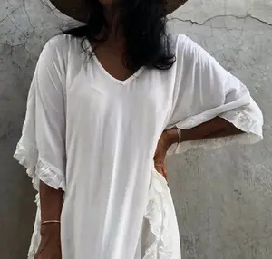 2019 new boho inspiration styling ladies plain kaftan v-neck loose fitting beach wear kaftan