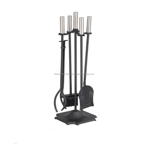Antique Black <b>Cast</b> Iron Fireplace Tool Set Rustic Fire Pit Log Holder with Tongs Shovel & Broom Firefighting Equipment Accessory - Product Image 1