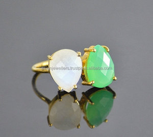 แหวนพลอยพลอยสีเขียวและพลอยคาลซิโดนี925สีเงินสเตอร์ลิงทำมือชุบทองสวยงามเครื่องประดับแฟชั่น - Product Image 1