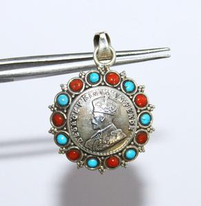 George V King Emperor Design Red <b>Coral</b> & Turquoise Gemstone 925 Solid Sterling Silver Pendant 1 1/2" Long Jewelry - Product Image 2