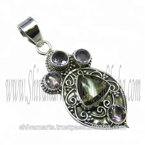 925 Vintage Style Handmade Sterling Silver <b>Pendant</b> Multi-Gemstone Gold Plating Fashion Wholesale Jewelry <b>Amethyst</b> Gold Plating - Product Image 2